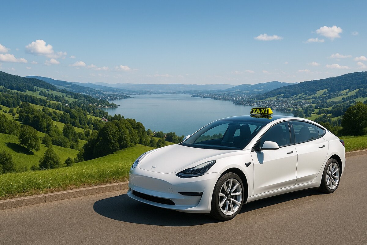 A modern taxi in the scenic Sihltal region overlooking Lake Zurich